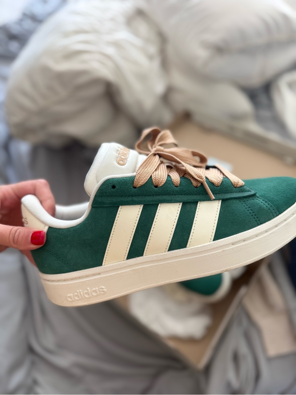 adidas Green Suede Sneakers with Cream Stripes and Tan Laces